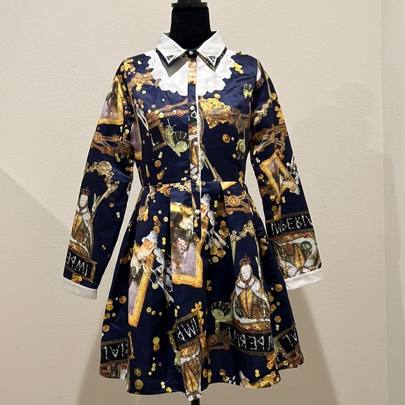 Elf Sack collared pleated snail print multicolor long sleeve Dress Size L - Picture 1 of 9